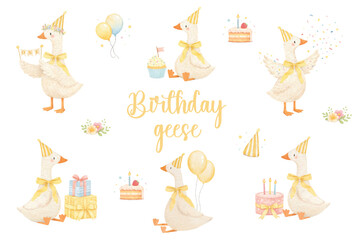 WATERCOLOR BIRTHDAY GEESE CLIPART SET WITH CAKE, BALLOONS AND PARTY HAT PASTEL ILLUSTRATIONS © StudioCreaczyk