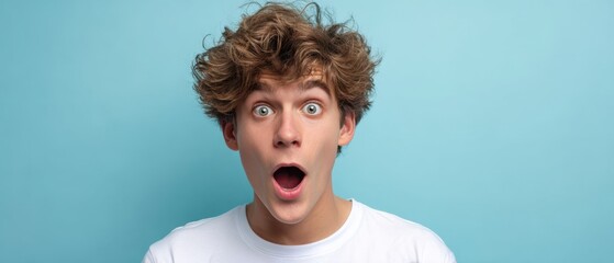 The shocked young man with curly hair and open mouth on blue background