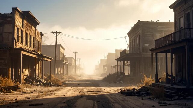 Old West town dusty street with weathered wooden buildings and a hazy atmosphere