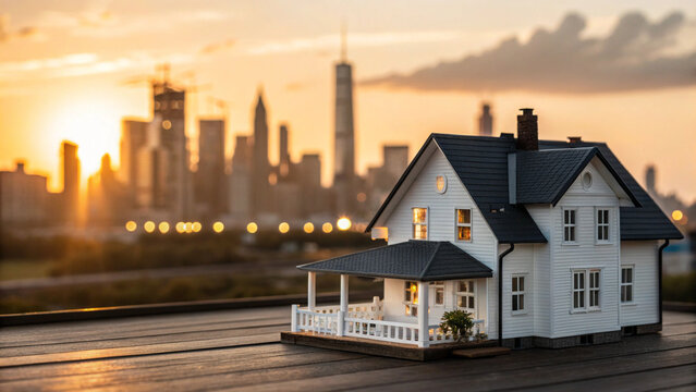 "A high-quality, professional photograph of a small, detailed 3D model of a white suburban house with a dark roof and chimney. The model sits on a dark wooden surface in the foreground. The background