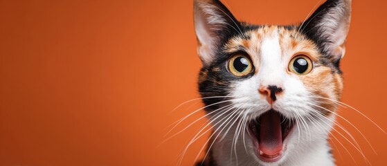 The cat with surprised expression against vibrant orange background in close-up portrait