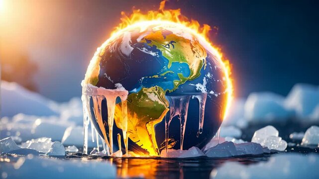 Planet Earth engulfed in flames melting into ice in a surreal environmental crisis