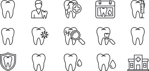 Line-style dental health icon collection showing teeth care, cavities, bacteria, magnifier, dentist and clinic symbols.