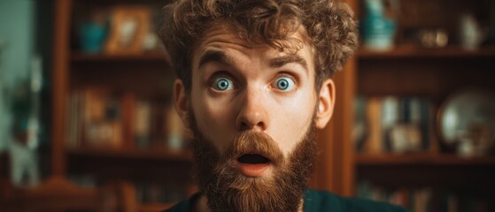 The Bearded Man with Wide Eyes and Open Mouth in Cozy Library