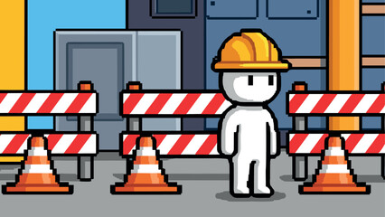 Fototapeta premium Pixel art construction worker with hard hat near safety barriers and cones
