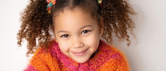 The Girl in a Colorful Knit Sweater Smiling at the Camera with Curly Hair