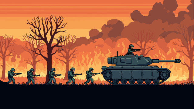 Retro pixel art scene of soldiers and tank advancing through a burning forest at sunset