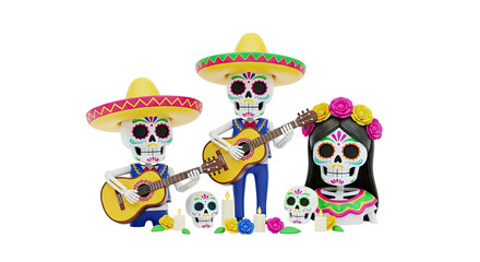 Day of the Dead skeletons playing music and celebrating