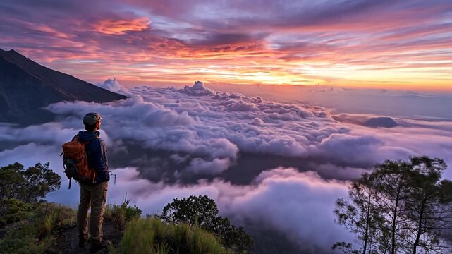 Adventurous hiker with backpack enjoys a majestic sunrise over a vast cloud inversion from a stunning mountain summit.