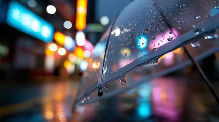 Naklejka premium Regentropfen auf einem transparenten Regenschirm vor einem verschwommenen, beleuchteten Stadtpanorama bei Nacht.