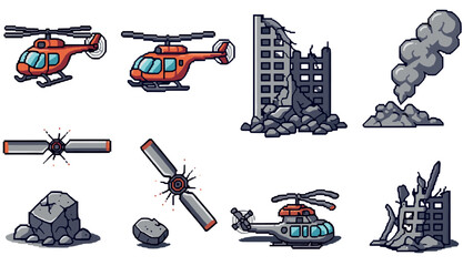 Pixel art helicopter and ruins icons pack for game design