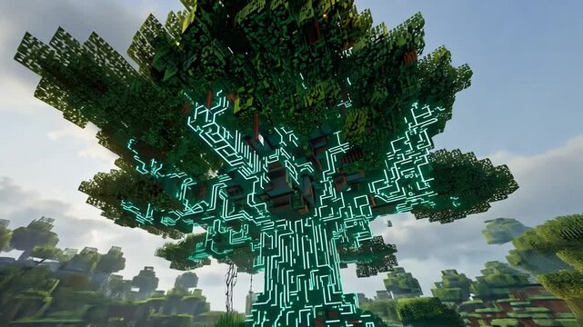 Glowing digital tree with intricate circuit patterns and blocky leaves in a futuristic voxel landscape, symbolizing technology and nature.