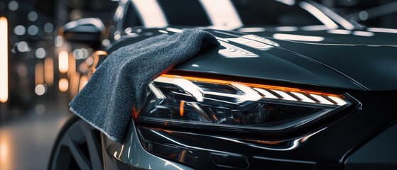 The Car Headlight and Microfiber Cloth on a Polished Luxury Hood in Studio