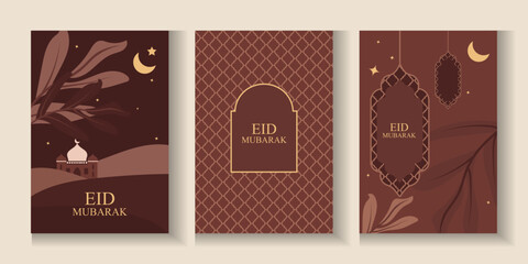 Eid Mubarak modern design with mosque, building, crescent moon in brown color.  Ramadan Kareem banner, poster, greeting card, cover design in trendy warming brown colors background. © Jeff design