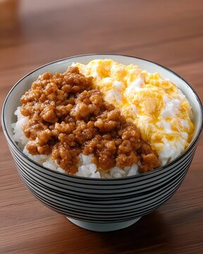 japanese soboro don, minced chicken and scrambled egg with rice