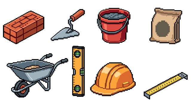 Pixel art construction tools set featuring brick, helmet, and wheelbarrow