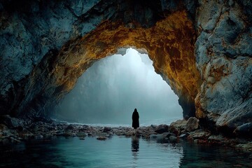 Mystic Silence Envelops a Wanderer in a Hidden Cave at Dawn Generative AI