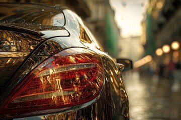 Stunning Sunset Reflection on a Sleek Car Parked in a Vibrant City Street Generative AI