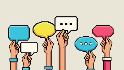 Diverse hands holding colorful speech bubbles in pixel art style on neutral background