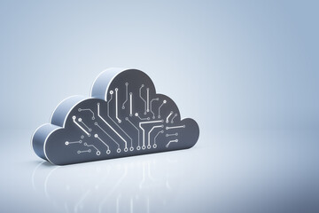 Futuristic cloud computing icon with digital circuit pattern on reflective surface, symbolizing online data storage and virtual network service. 3D Rendering