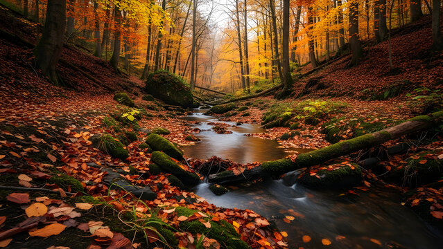 Serene autumn forest stream with vibrant fall foliage, fallen leaves, and moss-covered rocks, creating a peaceful and colorful natural landscape.