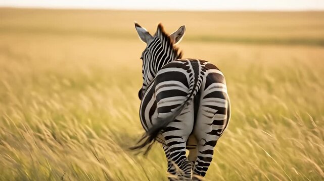 Zebra stands in a golden field with its back toward the camera, swishing tail