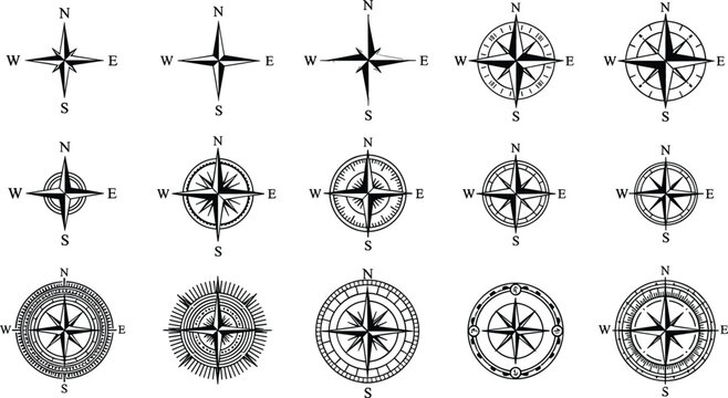 Vintage compass rose collection with nautical navigation wind direction symbols isolated on white background