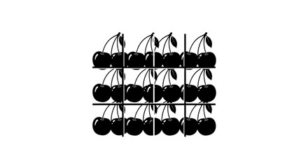 Black cherries arranged in a grid pattern on a white background showcasing a collection of fresh fruit