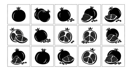 Pomegranate fruit icons set in black and white various views and slices