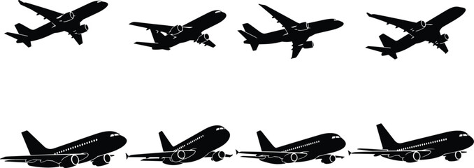 Airplane silhouette set with commercial passenger aircraft in different flying and landing positions isolated on white background © V Stock