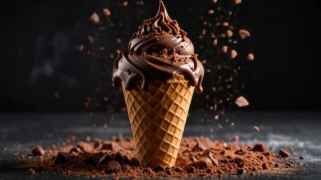 Decadent Chocolate Soft Serve Ice Cream Cone Drizzled with Sauce and Sprinkles