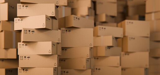 Piles of Stacked Cardboard Boxes Concept Background, Logistics Warehouse, 3D