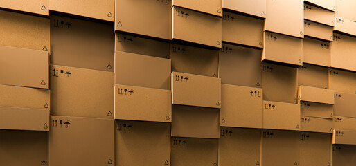 Stacked Cardboard Boxes Wall 3D Render Logistics Warehouse, Concept Background
