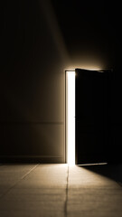 Door Opening With Light and Particles in Mystery Concept Background