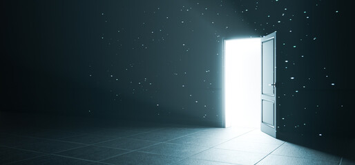 Door Opening With Light and Particles in Mystery Concept Background