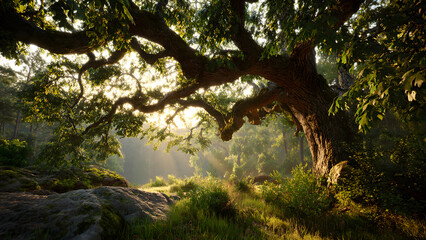 Obraz premium A peaceful forest landscape showing trees and green leaves in a quiet woodland during summer, with sunlight filtering through branches, grass and water creating a calm natural outdoor scene