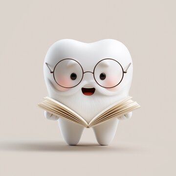 Niedlicher 3D-Weisheitszahn-Charakter mit Brille und Bart, der ein Buch liest &ndash; Zahngesundheit und Bildung