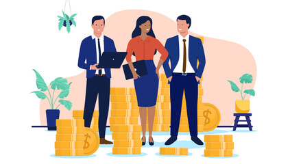 Diverse business team of professionals standing among large stacks of gold coins representing collective financial success, wealth management and profit, flat design vector illustration
