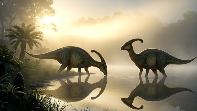 Two Parasaurolophus dinosaurs drinking from a misty lake at sunrise, with lush prehistoric foliage and a palm tree.