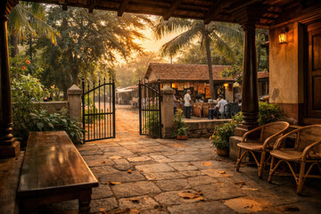 Fototapeta premium Rustic tropical courtyard cafe at golden sunset with stone patio wooden chairs and amber lantern light creating a peaceful travel hospitality dining and vacation retreat atmosphere