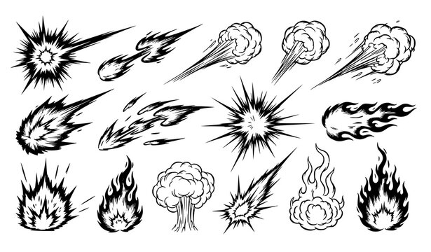 Fire flame manga explosion effect black ink vector set