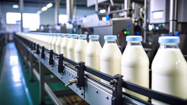 Dairy production line with bottled milk moving on conveyor belt in factory