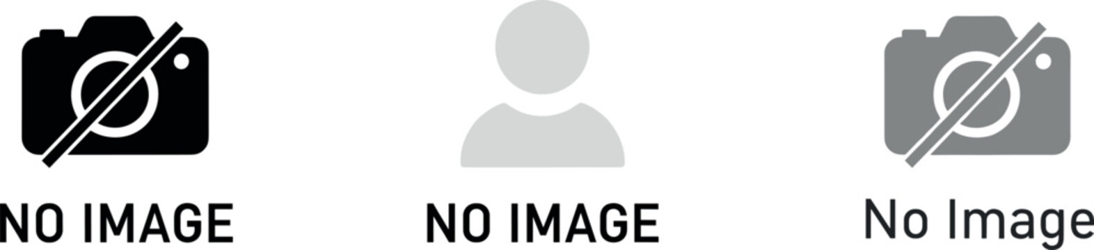 Set of &ldquo;No Image&rdquo; placeholder icons including camera and user profile symbols in flat monochrome vector style.