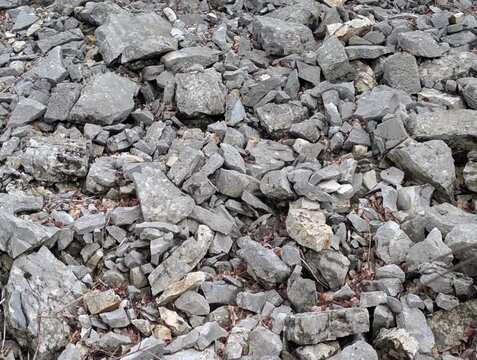 Primo piano di un terreno ricoperto da pietre e rocce irregolari di varie dimensioni. La scena mette in evidenza texture naturali, colori neutri e la composizione tipica di un suolo roccioso