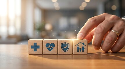 Hand Arranging Health Insurance Icons on Blocks.