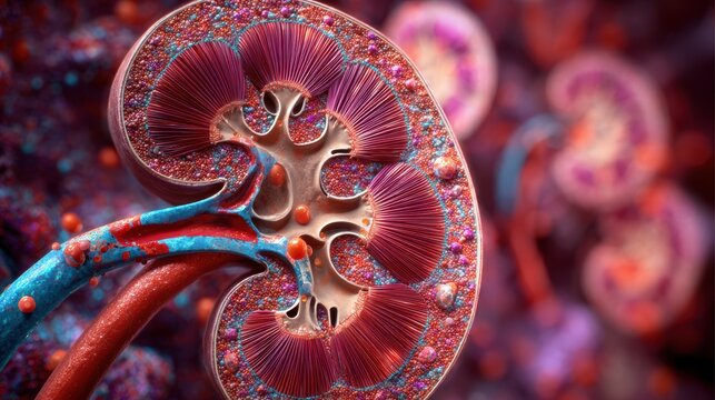 Detailed cross-section of a human kidney showing internal structures and blood vessels