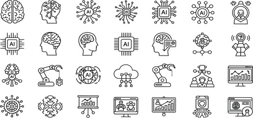 Fototapeta premium Artificial Intelligence and Machine Learning Line Icon Set with AI Brain Robotics Automation Data Analytics and Technology Innovation Symbols