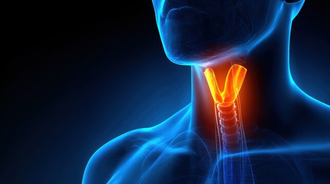 3D rendering of the human larynx and trachea, highlighted in orange against a blue anatomical background