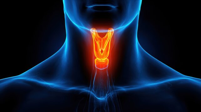 3D rendering of the human larynx and vocal cords highlighted in orange against a blue background