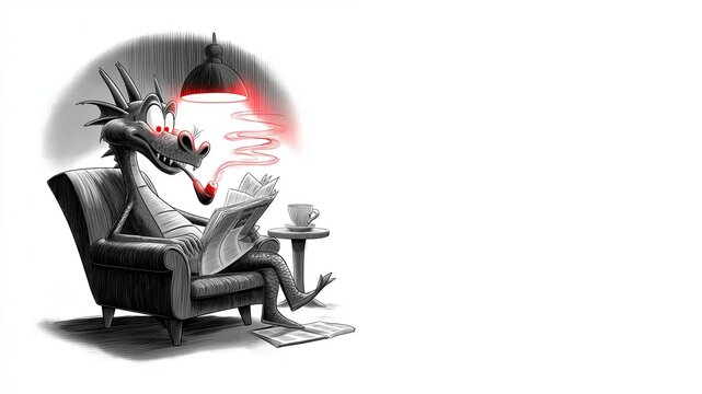 Stilisierter Cartoon-Drache sitzt im Scheinwerferlicht, liest eine Zeitung und bl&auml;st Rauchkringel in die Luft. Der Stubenhocker